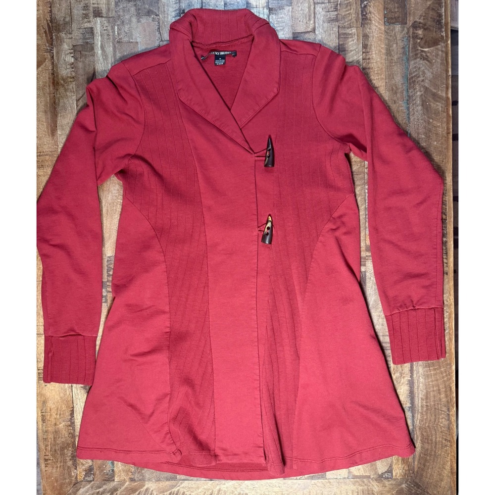 Lucky Brand Womens Red Cotton Toggle Cardigan Sweater Jacket Size M Ribbed Trim